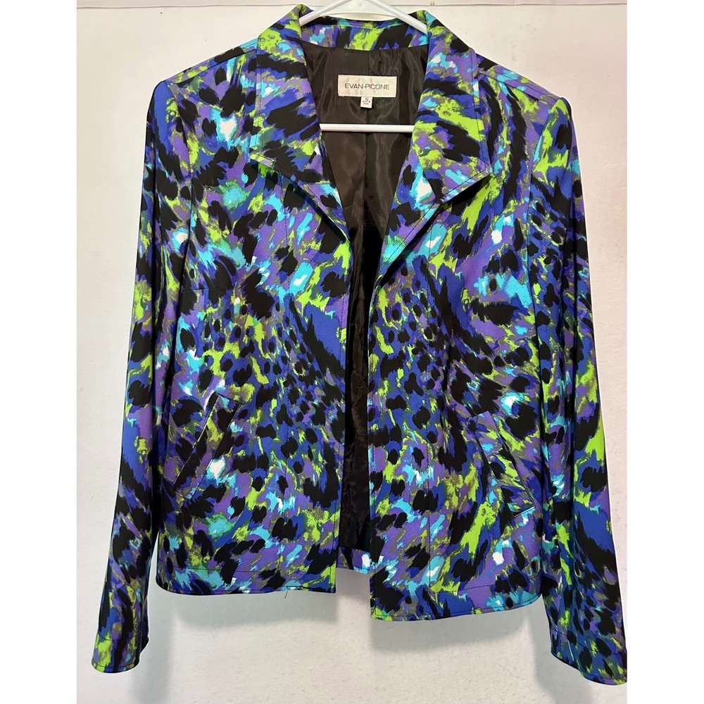 Evan-Picone Womens Abstract Animal Print Blazer Blue Purple Green Size 10